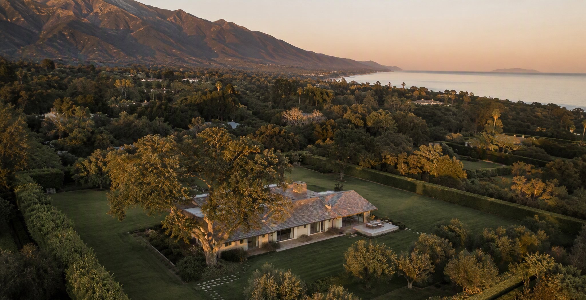 Aerial view of a Montecito coastal estate parcel at golden hour